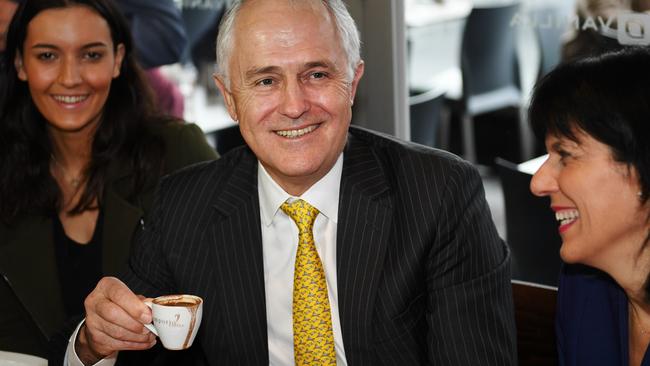 PM Malcolm Turnbull drinks Greek coffee during a visit to Oakleigh. Picture: Jake Nowakowski