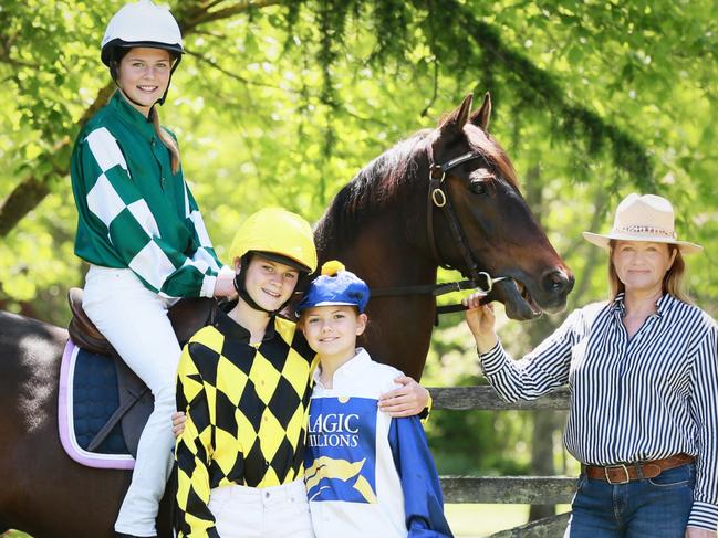 Preview to the Magic Millions. Lindy Maurice in her home town of Orange with local pony riders;, , Green silks: Myah Parkes, age 13, , Black and yellow silks: Rose Staniforth, age 13, , MM silks: Georgie Brazier, age 9, , Photographer - Graham Schumann