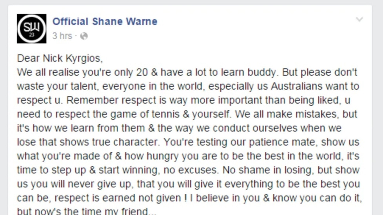 Shane Warne's Facebook letter in 2015.