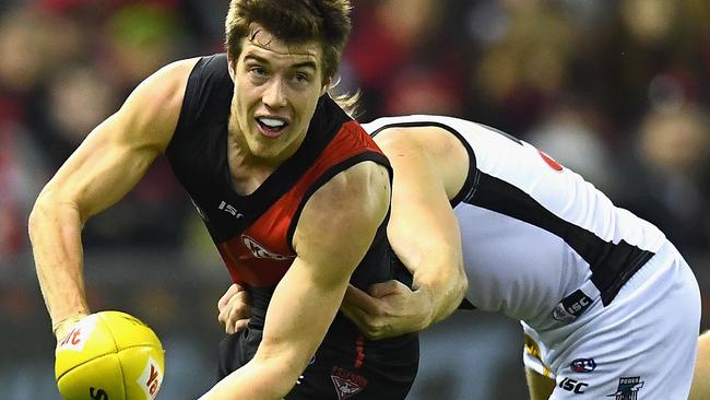 Zach Merrett had the ball on a string again, finishing the game with 37 disposals. Picture: Getty