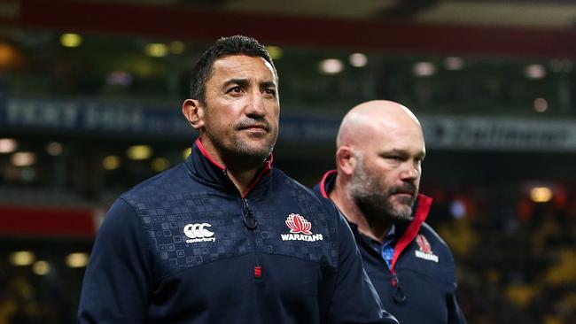 Coach Daryl Gibson and assistant coach Cam Blades of the Waratahs at Westpac Stadium.