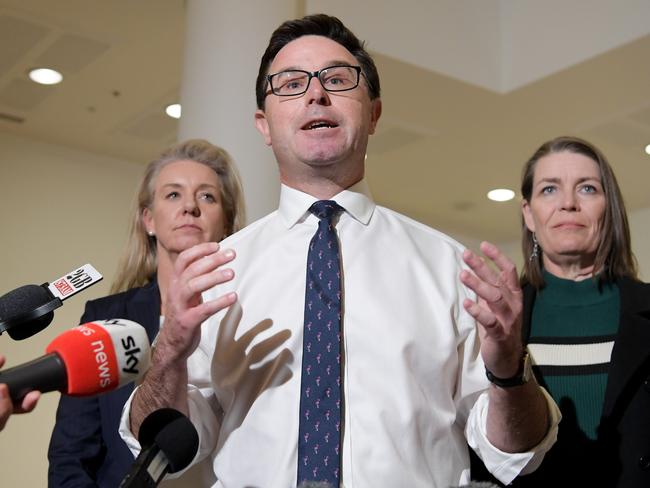 Nationals party leader David Littleproud with Bridget McKenzie (left) and Perin Davey after the Nationals Party Room Meeting at Parliament House in Canberra. Picture: Tracey Nearmy