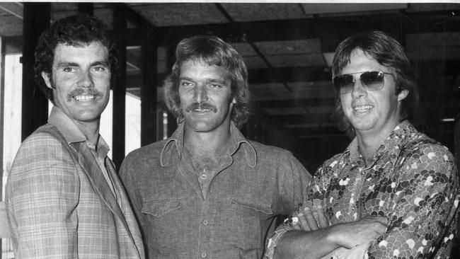 Queensland cricketers Greg Chappell, Denis Schuller and Jeff Thomson at Adelaide Airport, in 1975.