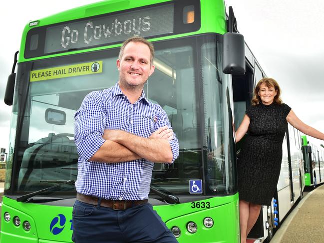 Wayne Croton General Manager Sunbus Nth Qld and Townsville Mayor Jenny Hill unveilling the first of 20 new buses arriving in Townsville over the coming months. Picture: Shae Beplate.