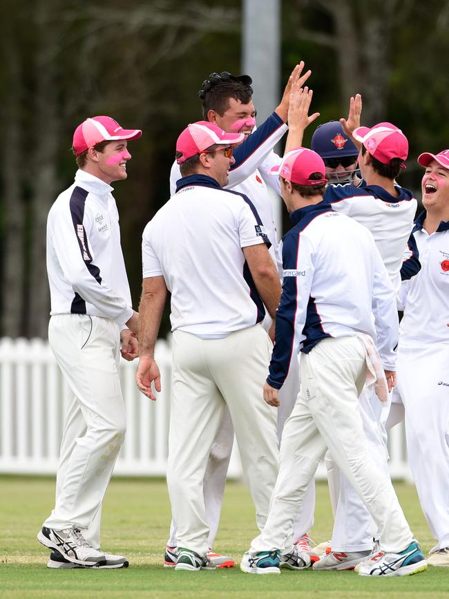 Cricket Gold Coast’s Kookaburra Cup. Day two between Mudgeeraba Nerang and Burleigh at Nerang RSL Oval. Mudgeeraba players celebrate a wicket. Picture: Steve Holland.