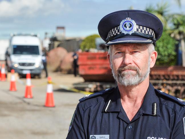 JUNE 6, 2024: Chief Inspector Andrew McCracken at a site in Burton, north of Adelaide, where a large haul of stolen property in shipping containers was discovered by police. Picture: Brenton Edwards