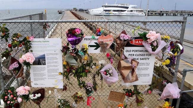 Tributes at the Portarlington Pier. Picture: Glenn Ferguson