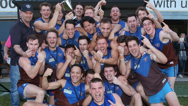 Ormond celebrate its gripping win over Hampton Rovers in the VAFA Division 1 grand final. Picture: David Crosling