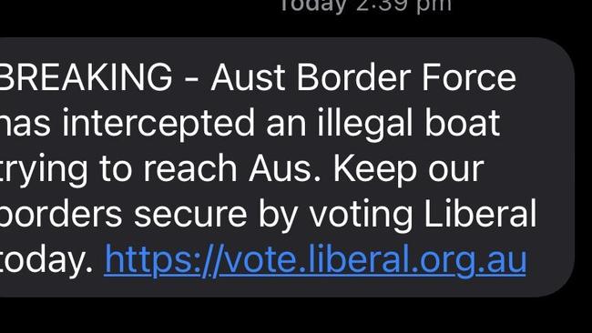 The Liberal Party confirmed it sent the messages out to an undisclosed number of mobile phone numbers on Saturday afternoon. Picture: Supplied