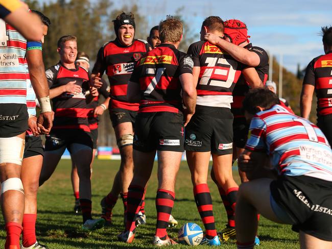 The Shoremen celebrate a try in last week’s semi-final victory.