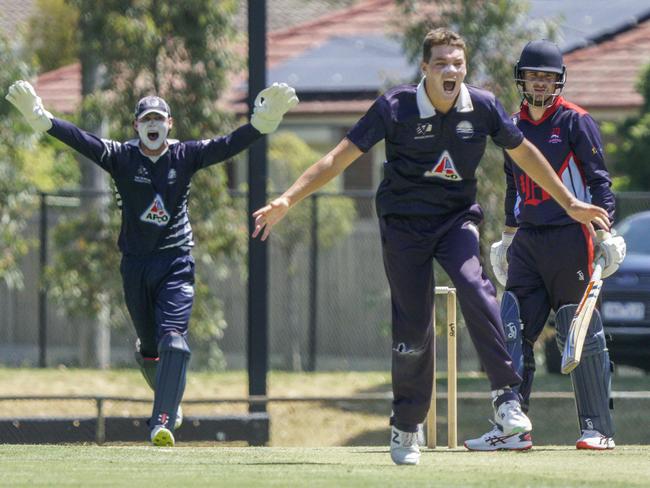 Premier Cricket: Geelong keeper Liam Blackford and bowler Dom McGlinchey appeal for the wicket of Dandenong batter Joshua Slater. Picture: Valeriu Campan