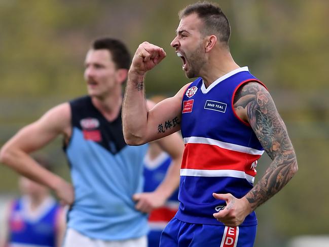 Dean Galea is pumped up after nailing a goal. Picture: Andy Brownbill