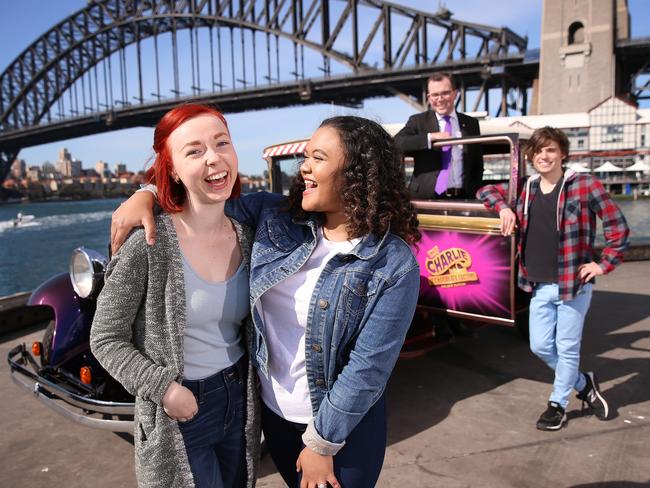 Young stars of Charlie And The Chocolate Factory musical Karina Russell, Jayme-Lee Hanekom and Harrison Riley, with NSW Minister for Tourism and Major Events Adam Marshall. Picture: Sam Ruttyn