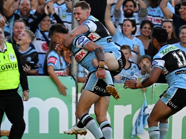 Sam Stonestreet had a dream debut for the Sharks. Picture: NRL Imagery