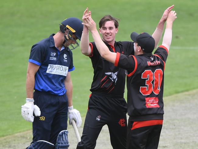 Nick Gladman celebrates the wicket of James Billington. Picture: Julian Smith