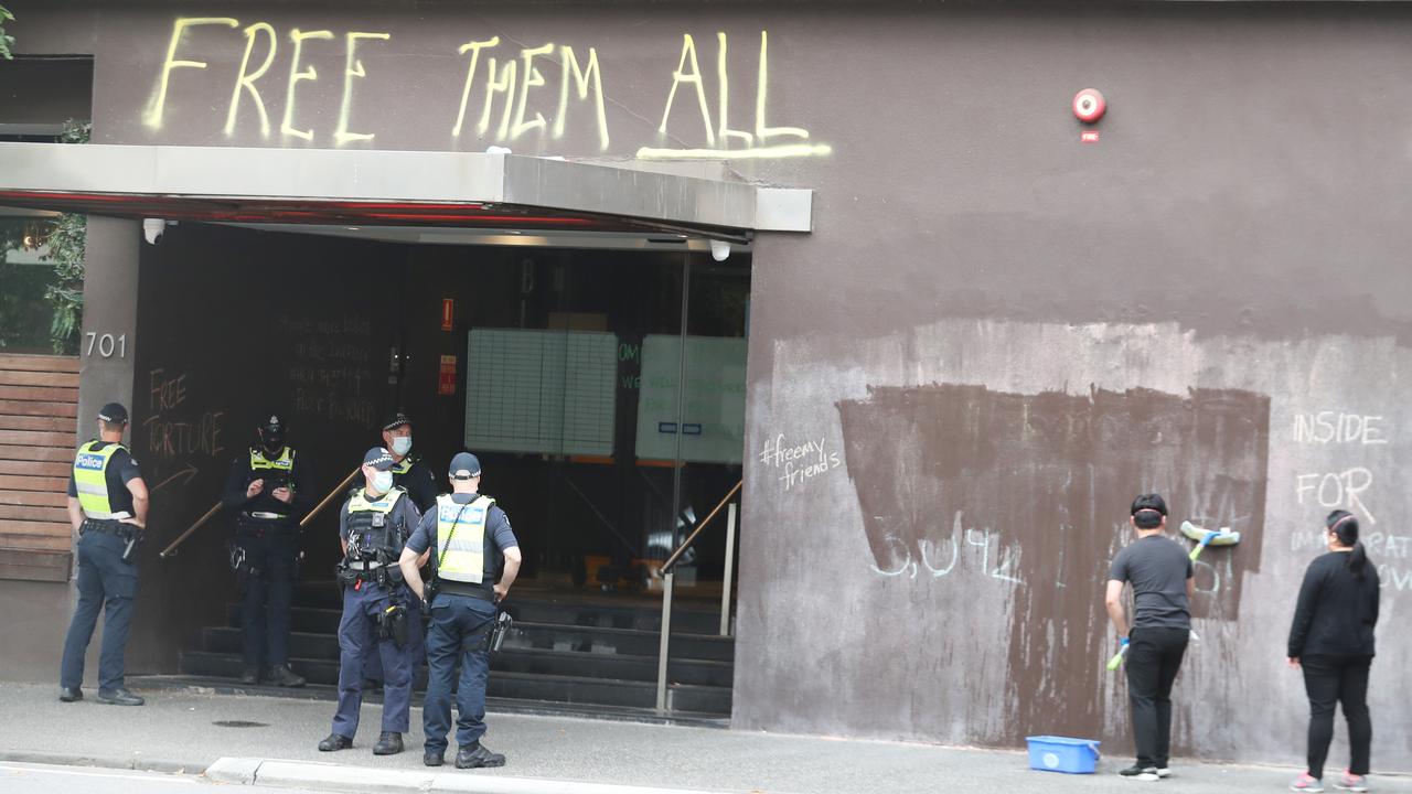 Protesters want refugees released from a facility in Carlton. Picture: David Crosling