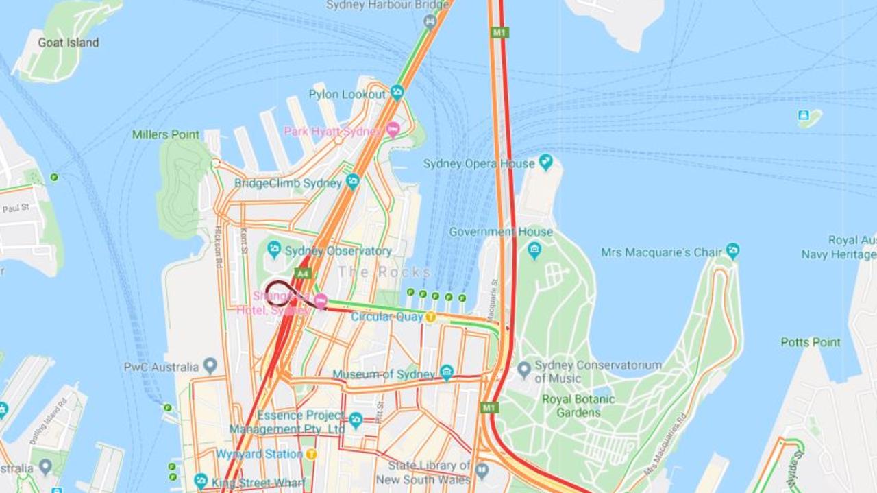 The typical traffic in Sydney’s CBD during the weekday peak. The Sydney Harbour Tunnel, Eastern Distributor (right) and Western Distributor (left) are all clogged. Picture: Google Maps