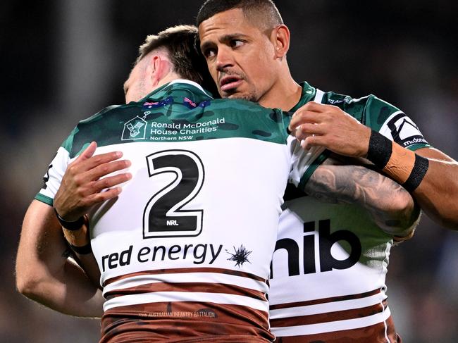 CHRISTCHURCH, NEW ZEALAND - APRIL 25: Dane Gagai of the Newcastle Knights warms up ahead of the round eight NRL match between New Zealand Warriors and Newcastle Knights at Apollo Projects Stadium, on April 25, 2025, in Christchurch, New Zealand. (Photo by Joe Allison/Getty Images)