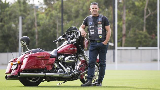 NSW State of Origin coach Brad Fittler with his Harley Davidson which he pilots in the Hogs for Homeless ride that he co-founded. Picture: Dylan Robinson