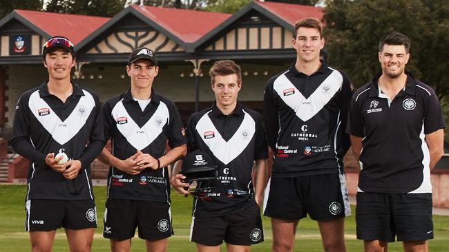 Adelaide University players Tom Edwards, Oscar Harms, Daniel Kerber, Bailey Wightman and coach Ben Hillard pose for a picture at University Oval in North Adelaide, Thursday, Sept. 27, 2018. Picture: Matt Loxton