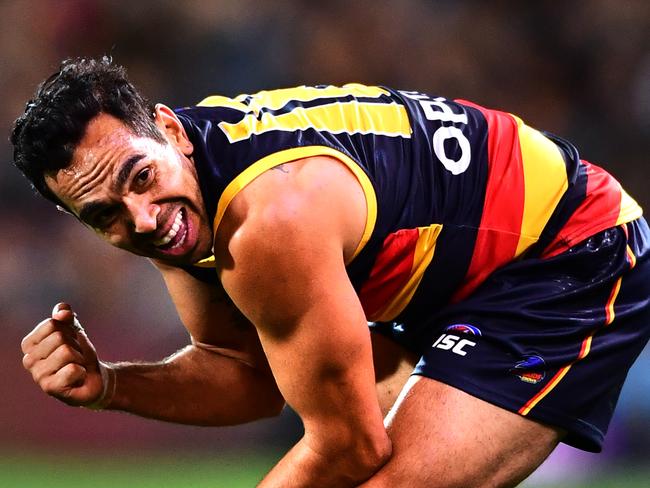 ADELAIDE, AUSTRALIA - MAY 05: Eddie Betts of the Adelaide Crows celebrates the final siren during the round seven AFL match between the Adelaide Crows and the Fremantle Dockers at Adelaide Oval on May 05, 2019 in Adelaide, Australia. (Photo by Mark Brake/Getty Images)