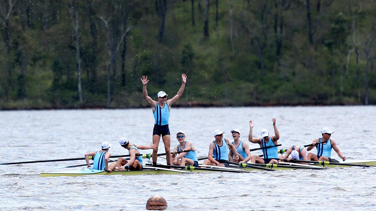 Brisbane Grammar School open eight division 1 team celebrate their win at the GPS Head of the River, Lake Wyaralong. Picture: Sarah Marshall/AAP