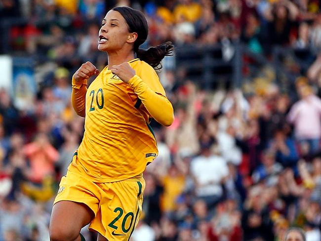 Sam Kerr celebrates scoring against Brazil.