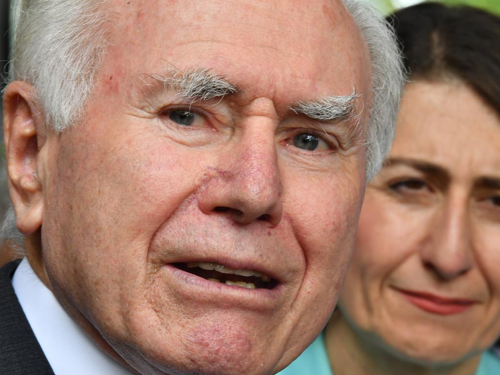 NSW Premier Gladys Berejiklian is joined by former prime minister John Howard as they take to streets in Penrith, Sydney, Monday, March 18, 2019. New South Wales voters will head to the polls in the state election Saturday, March 23. (AAP Image/Dean Lewins) NO ARCHIVING