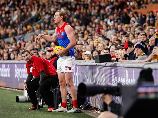 Harrison Petty lines up for a set shot during the Dees’ trip to Adelaide. The South Australian has had a dour start to the season. Picture: Dylan Burns/AFL Photos via Getty Images.