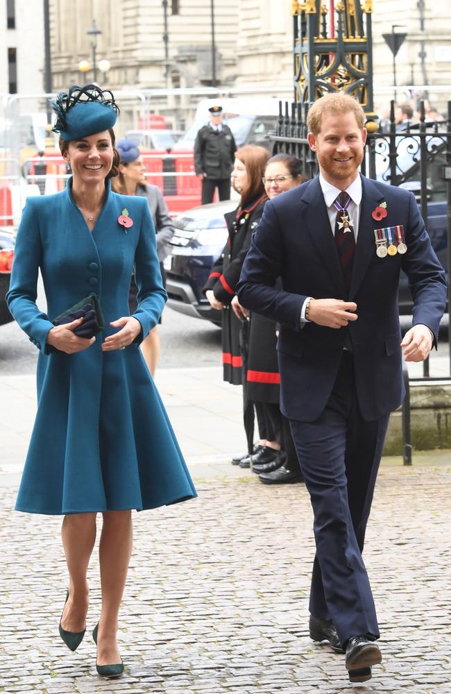 What feud? The Duchess of Cambridge and her brother-in-law, the Duke of Sussex, were out at an Anzac service together last week. Picture: AFP