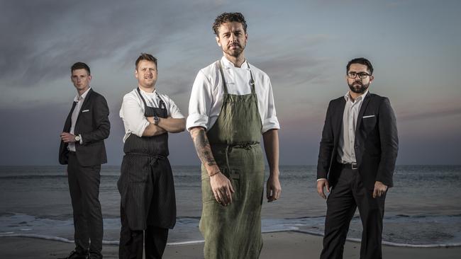 The Orana team: Wine Director Joshua Picken, head chef Shannon Fleming, Jock Zonfrillo, and restaurant manager Aaron Fenwick at Noarlunga Beach, October 2014.