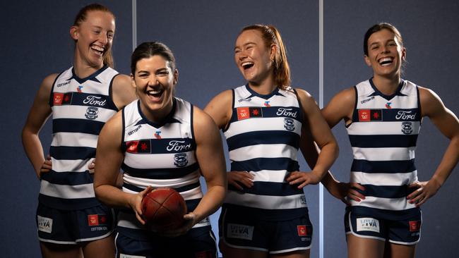 30-07-2024 AFLW Geelong Cats media day. Irish players Aishling Moloney, Rachel Kearns, Kate Kenny and Anna-Rose Kennedy. Picture: Brad Fleet