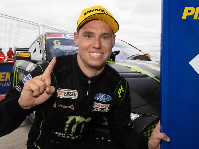 TAILEM BEND, AUSTRALIA - SEPTEMBER 27: In this handout photo provided by Edge Photographics, Cameron Waters driver of the #6 Monster Energy Racing Ford Mustang celebrates after winning race 30 of the 2020 Supercars Championship on September 27, 2020 in Tailem Bend, Australia. (Photo by Handout/Mark Horsburgh/Edge Photographics via Getty Images)