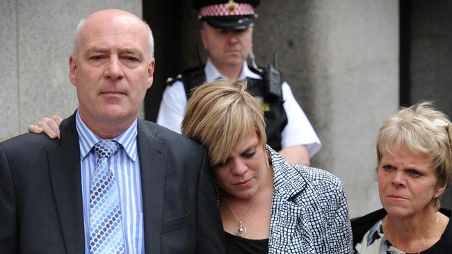 Bob and Sally Dowler, parents of murdered schoolgirl Milly Dowler, and her sister Gemma (centre) outside court. Picture: PA