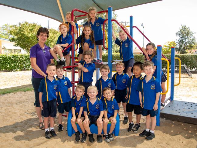 My First Year 2023: Pittsworth State School Prep S students (back, from left) Elsie, Hannah, Ahri, Skylar, Scarlett and Zoe, (middle row) Thomas, Spencer, Sky, Kelo, Benji, Finn and Charlie and (front, from left) Galaxy, Billy and Boston. March 2023 Picture: Bev Lacey