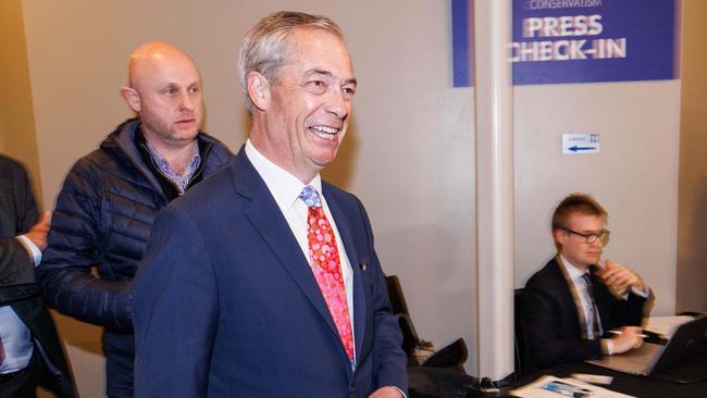 Nigel Farage arrives to attend the National Conservatism Conference in Brussels, on Tuesday. Picture: AFP