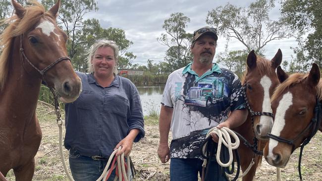 Casey McLeod and Paul Lavaring with some recently relocated Palm Island horses. (L-R) Rango, Texas Red and Ranger.