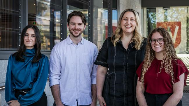 Clinical psychology student Nicola Lopino, honours student Jack Parry, Assistant Mental Health Minister Emma McBride and provisional psychology graduate Emily Dunn at the announcement of the 2023–24 Postgraduate Psychology Incentive Program Grant Round. Picture: Sally Tsoutas