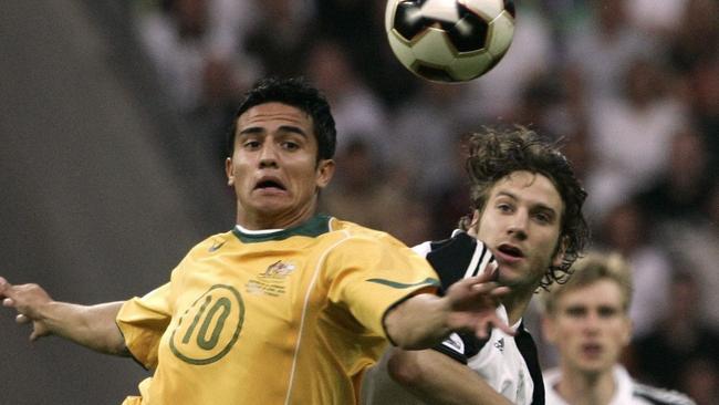 Socceroos striker Tim Cahill competes with Germany’s Torsten Frings at the 2005 Confederations Cup in Germany.