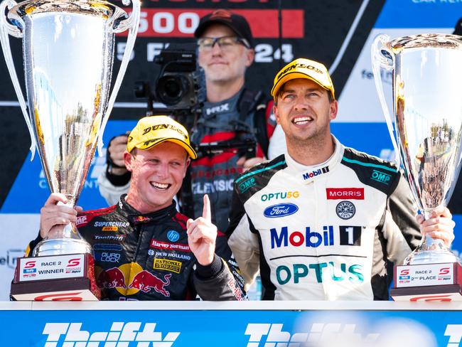 (L-R) Will Brown and Chaz Mostert were the respective winners enjoying success at this year’s Bathurst 500. Picture: Daniel Kalisz/Getty Images