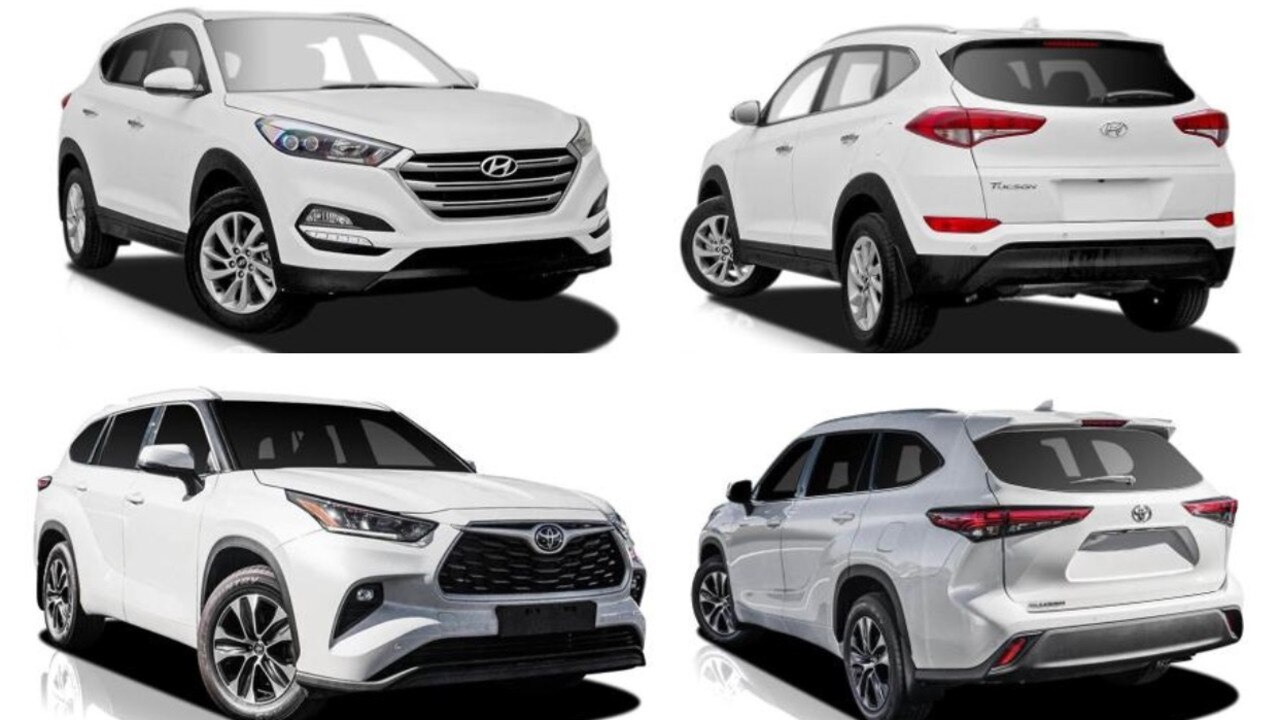 Police investigations indicate person/s involved may have been travelling in a white 2015 Hyundai Tucson (above) and a white 2021 Toyota Kluger (below). Pictures: QPS