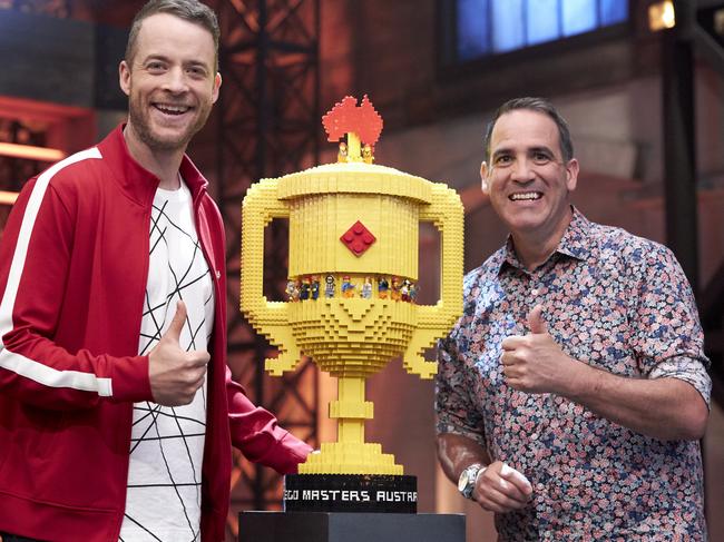 Lego Masters host Hamish Blake with the trophy. Picture: Chanel 9