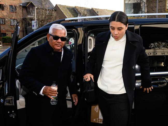 Australian footballer Sam Kerr arrives at Kingston-Upon-Thames Crown Court with her father Roger Kerr. Picture: Getty Images