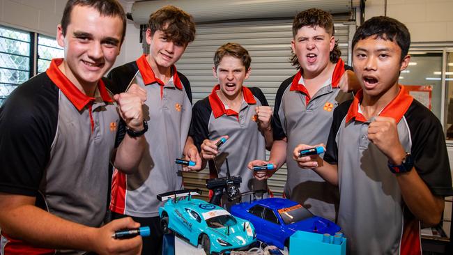 Michael Jessup, Ezekiel Kernick, Tannum Jones-Materne, Kayden Bourchier and Johann De Guzman prepare to travel to the Gold Coast for the national Hydrogen Grand Prix. The team will compete with their remote-controlled cars for a four-hour endurance race. Picture: Pema Tamang Pakhrin