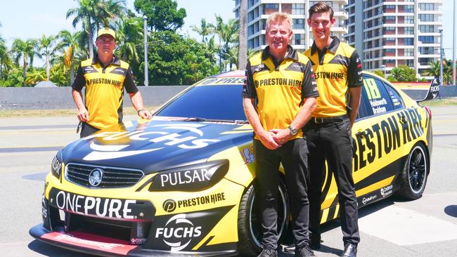 Preston Hire racing team owner Charlie Schwerkolt (centre) with Supercars Championship driver Lee Holdsworth (left) and new co-driver Matt Brabham, 23. Picture: BAM Group