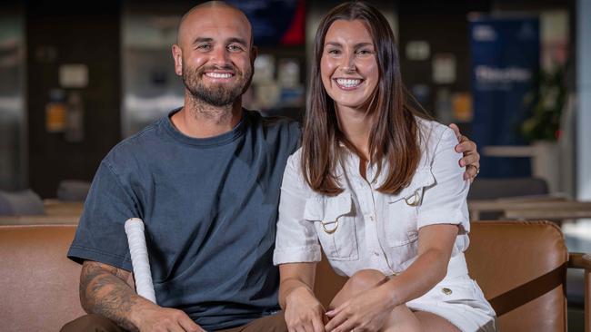 Jake Weatherald with his wife, Rachel Pearce. Picture: Ben Clark