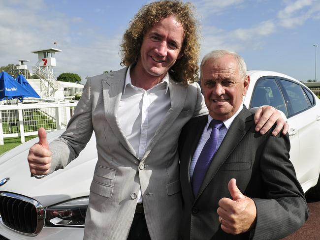 Victorian trainer Ciaron Maher (left) and Queensland’s Kelso Wood launch the Super Six Trainers' Challenge at Doomben. Picture: AAP