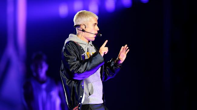 Justin Bieber on stage during his concert at ANZ Stadium in Homebush. Picture: Jonathan Ng