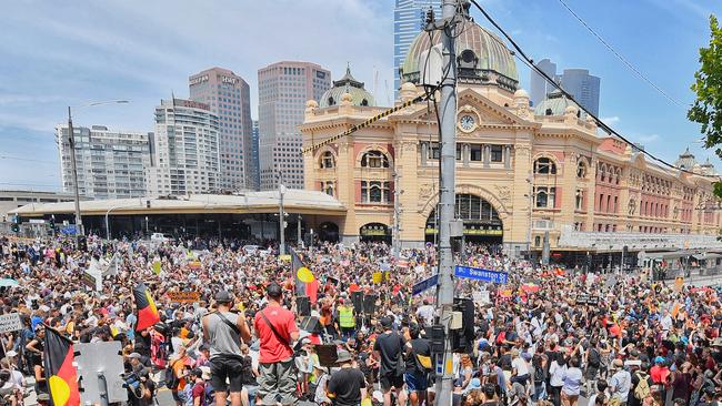 The protest reaches Flinders Street Station. Picture: Jason Edwards
