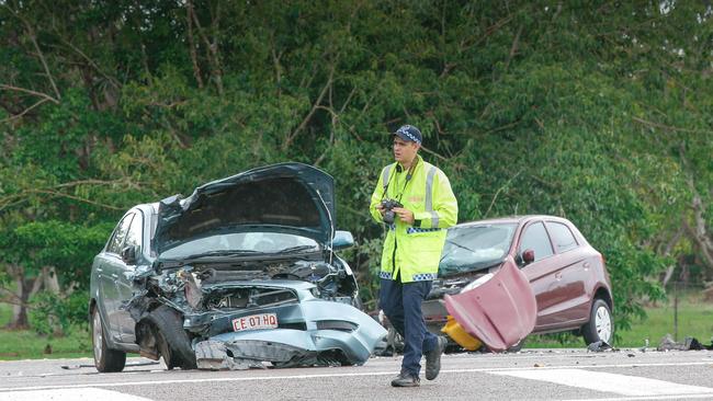 The scene of a fatal two-car collision on McMillans Road in Knuckeys Lagoon on Saturday. Picture: GLENN CAMPBELL